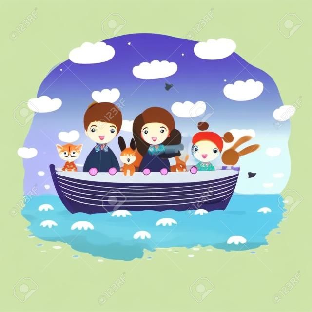 Niños de dibujos animados lindo en el barco. Un hermano, dos hermanitas, graciosas liebres y un gato. Mejores amigos se fueron de viaje. Vector