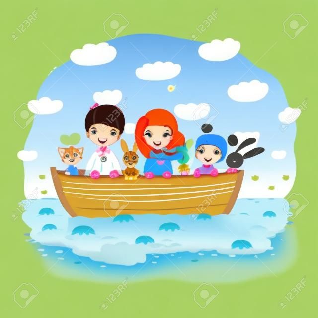 Kreskówka dzieci w łodzi. Brat, dwie siostrzyczki, śmieszne zające i kot. Najlepsi przyjaciele wybrali się na wycieczkę. Wektor