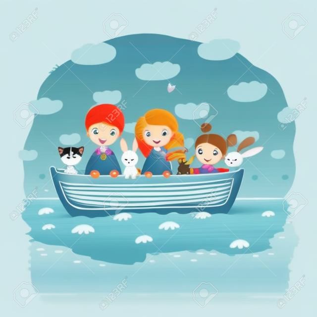 Cute cartoon kids in the boat. A brother, two little sisters, funny hares and a cat. Best friends went on a trip. Vector