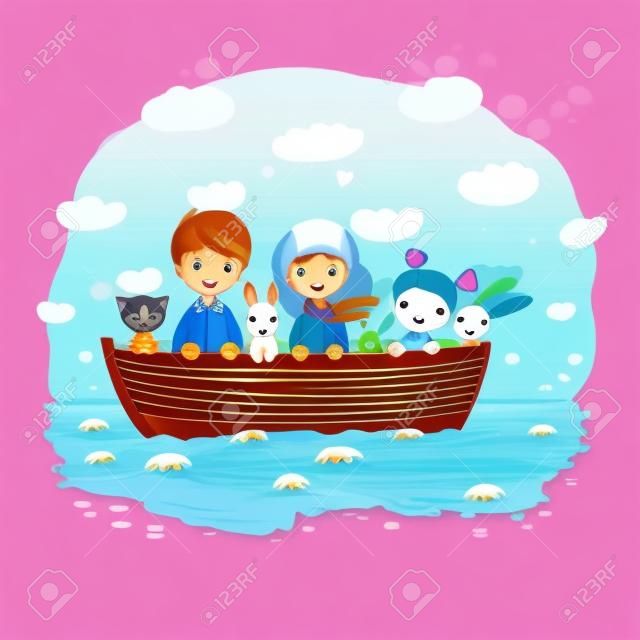 Niños de dibujos animados lindo en el barco. Un hermano, dos hermanitas, graciosas liebres y un gato. Mejores amigos se fueron de viaje. Vector
