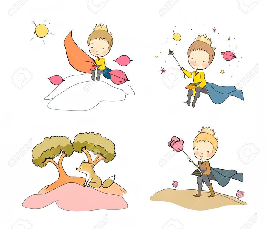 A fairy tale about a boy, a rose, a planet and a fox. prince with a sheep. Little prince. Vector