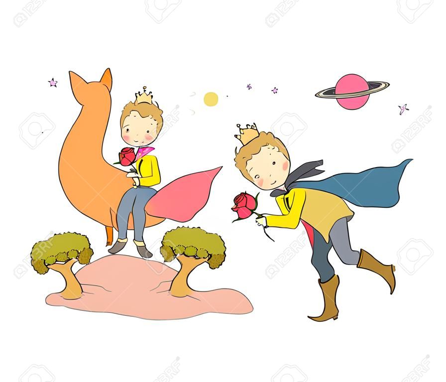 Een sprookje over een jongen, een roos, een planeet en een vos. Prins met een schaap. Kleine prins. Vector