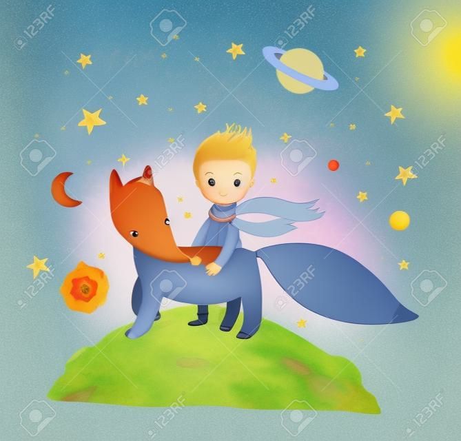 Der kleine Prinz.Ein Märchen über einen Jungen, eine Rose, einen Planeten und einen Fuchs. Vektor