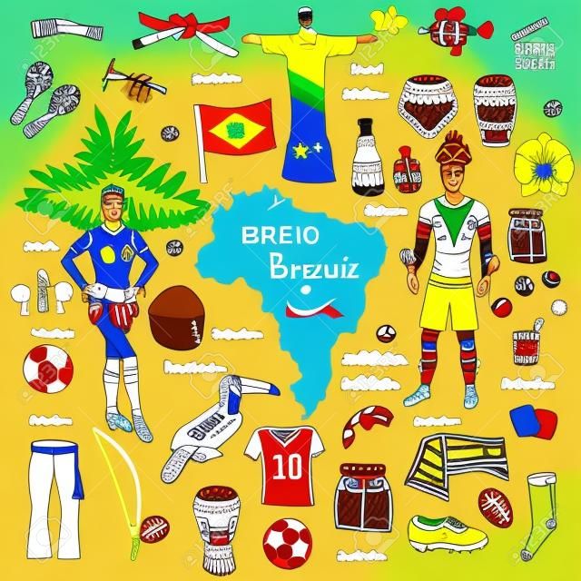 Main doodle dessiné Bienvenue au Brésil set Vector illustration Sketchy icônes traditionnelles brésiliennes Cartoon Brésil éléments typiques collection Landmark Football taquets balle but Capoeira Samba Orchid