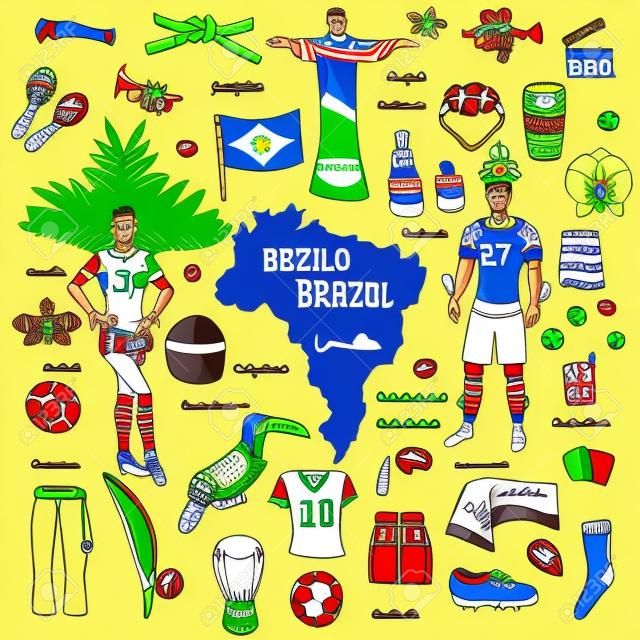 A mano doodle disegnati Benvenuti in Brasile impostare Vector illustration Sketchy brasiliani icone tradizionali del fumetto Brasile elementi tipici collezione d'interesse Calcio tacchetti sfera obiettivo Capoeira Samba Orchid