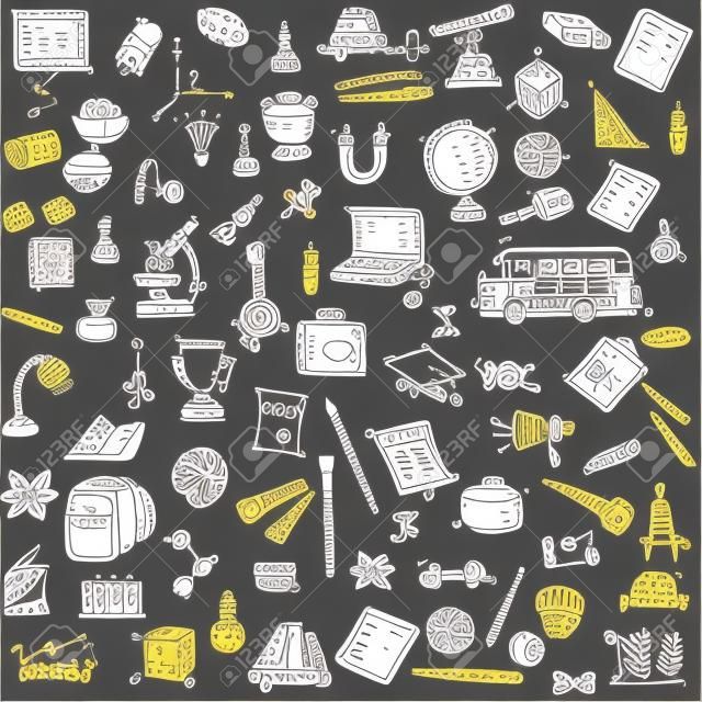 Seamless background with hand drawn doodle School icons set Vector illustration educational symbols Cartoon learning elements: Laptop; Lunch box; Bag; Microscope; Telescope; Books; Pencil Sketch bus