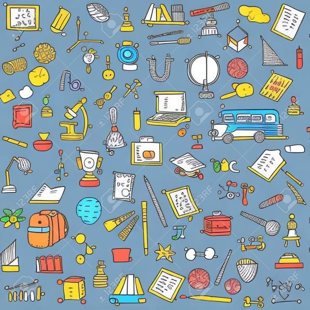 Seamless background with hand drawn doodle School icons set Vector illustration educational symbols Cartoon learning elements: Laptop; Lunch box; Bag; Microscope; Telescope; Books; Pencil Sketch bus