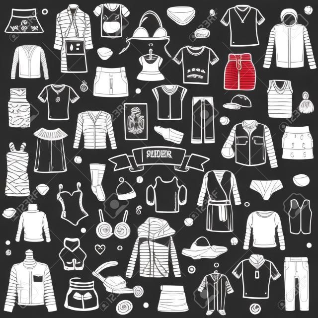 Hand drawn doodle Clothing icons set. Vector illustration.Isolated apparel symbols collection. Cartoon cloth elements: Skirt Shirt T-shirt Shorts Dress Hoodie Underware Blouse Pants Socks Hat Cap Top