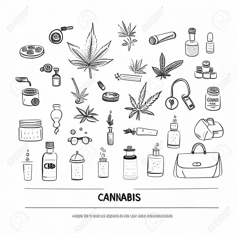 Hand drawn doodle Cannabis icons set Vector illustration sketchy symbols collection Cartoon concept elements Marijuana, Bag, Medical Use, Leaf, Drug, Legalization, CBD chemical formula, pipe, joint