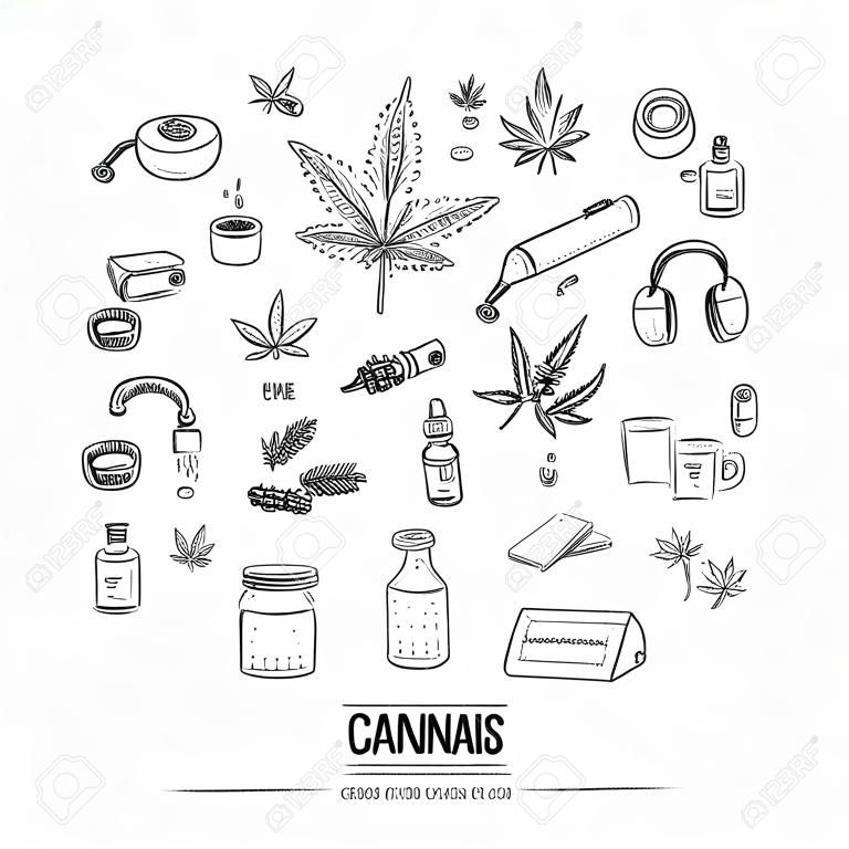 Insieme di icone di cannabis doodle disegnato a mano insieme di simboli imprecisi di illustrazione vettoriale Elementi di concetto del fumetto Marijuana, borsa, uso medico, foglia, droga, legalizzazione, formula chimica CBD, tubo, giunto