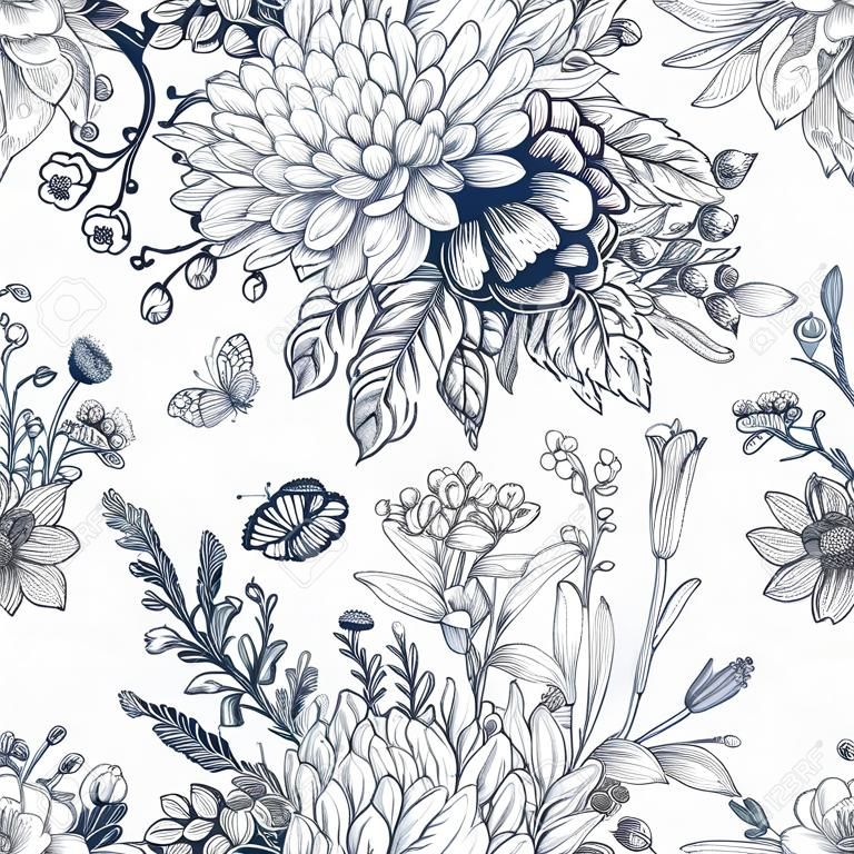 Elegant naadloos patroon met boeketten bloemen op een witte achtergrond