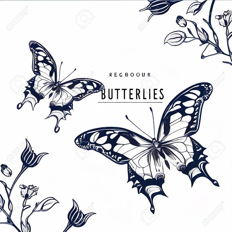 Vector card with butterflies and flowers.
