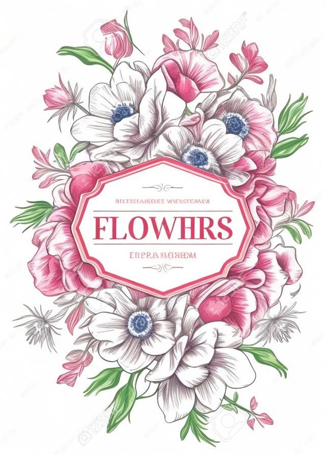 Invitación de boda de la vendimia con las flores en un fondo blanco. Anémona, rosa, eustoma, eryngium. Ilustración del vector.