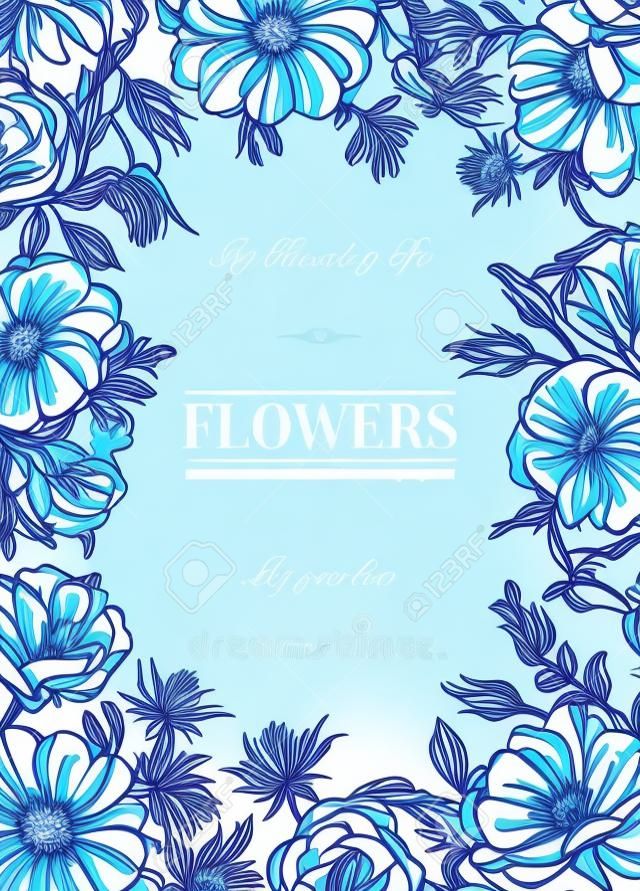 ブルーの花と花のベクトルの背景。アネモネ、バラ、トルコギキョウ、トルコギキョウ。