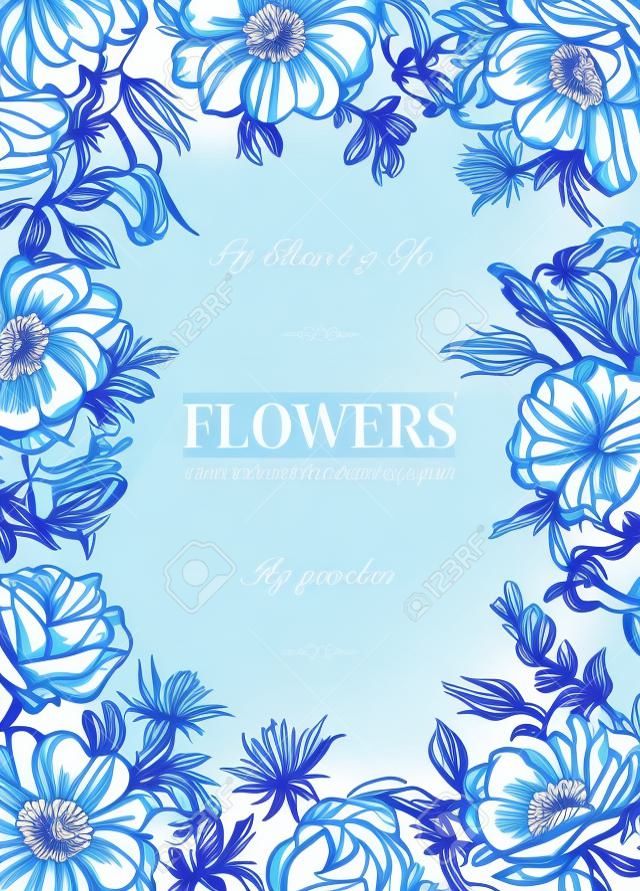 ブルーの花と花のベクトルの背景。アネモネ、バラ、トルコギキョウ、トルコギキョウ。