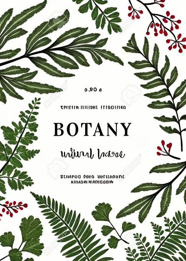 Floral background. Vintage invitation with various leaves. Botanical illustration. Fern, seeded eucalyptus, maidenhair. Engraving style. Design elements.