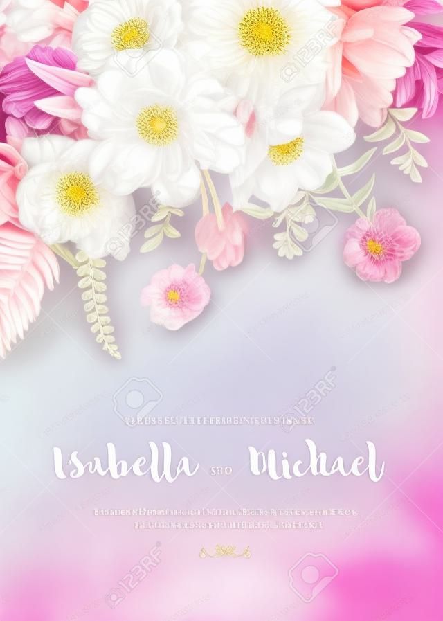 优雅的婚礼请柬在复古风格的Chrysanthemums郁金香福禄考牡丹银莲花植物柔和的色彩夏花
