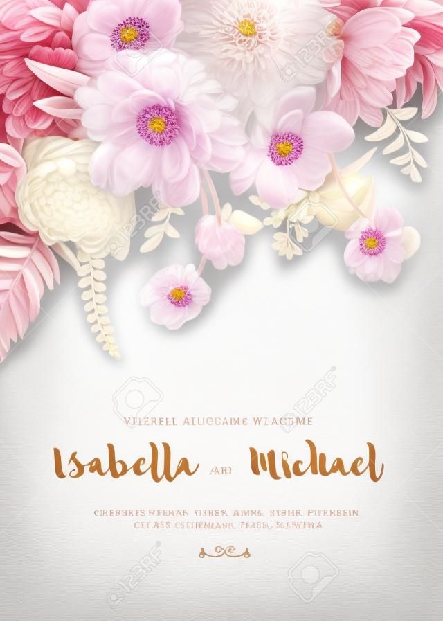 Elegante bruiloft uitnodiging met zomer bloemen in vintage stijl. Chrysanten, tulpen, phlox, pioenen, anemonen, varens. Pastel kleuren.