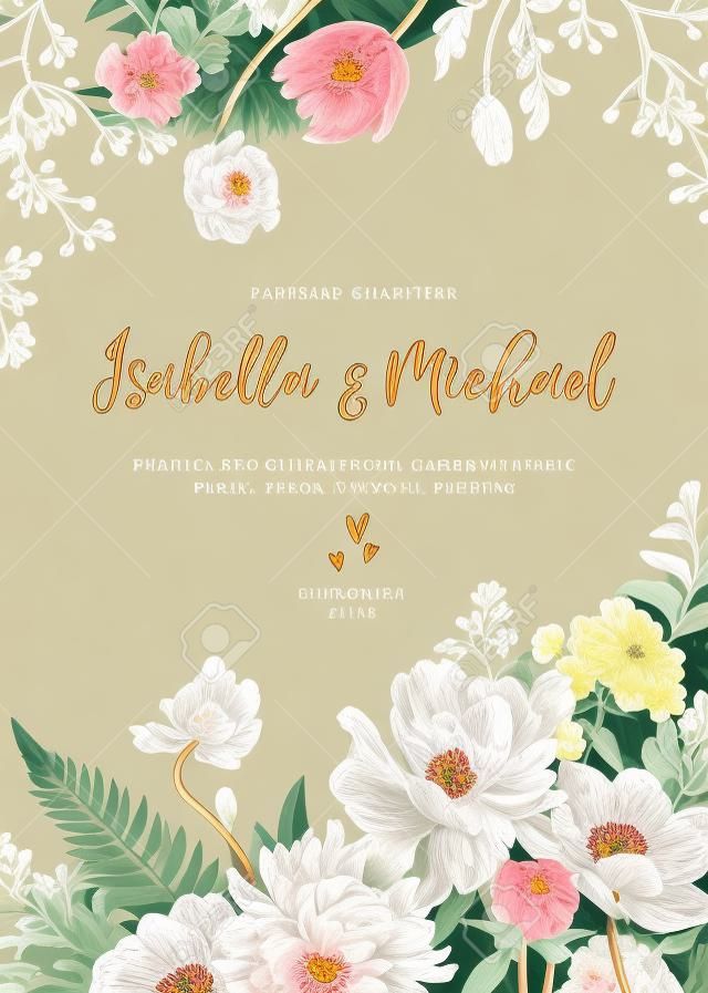 ビンテージ結婚式の招待状。夏の庭の花。牡丹、アネモネ、チューリップ、芝桜、菊、シダ、ユーカリ種。植物のイラスト。