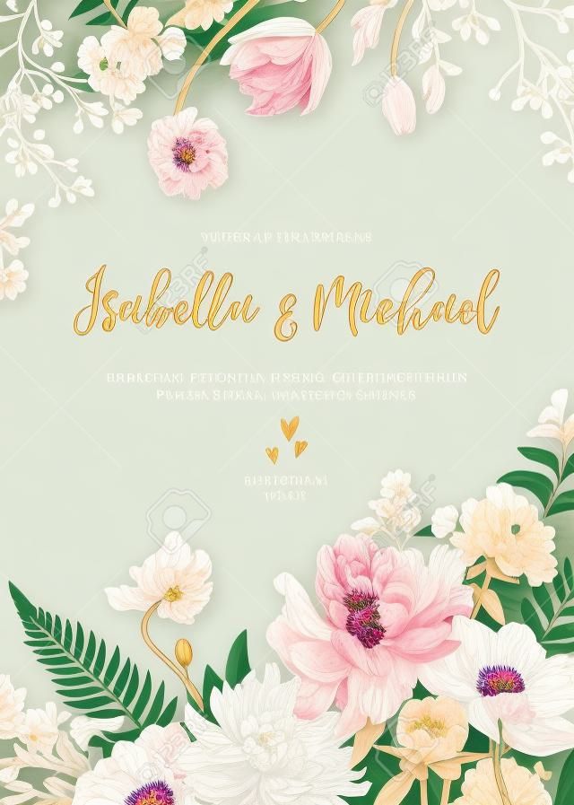 ビンテージ結婚式の招待状。夏の庭の花。牡丹、アネモネ、チューリップ、芝桜、菊、シダ、ユーカリ種。植物のイラスト。
