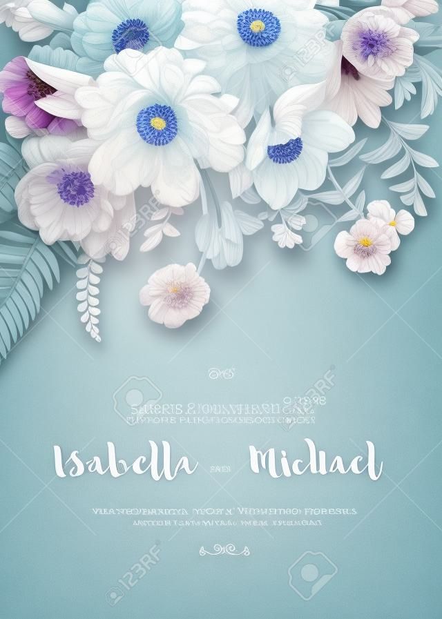 Invitations élégantes de mariage avec des fleurs d'été dans le style vintage. Chrysanthèmes, tulipes, phlox, pivoines, anémone, fougères. Fleurs bleues sur un fond blanc.