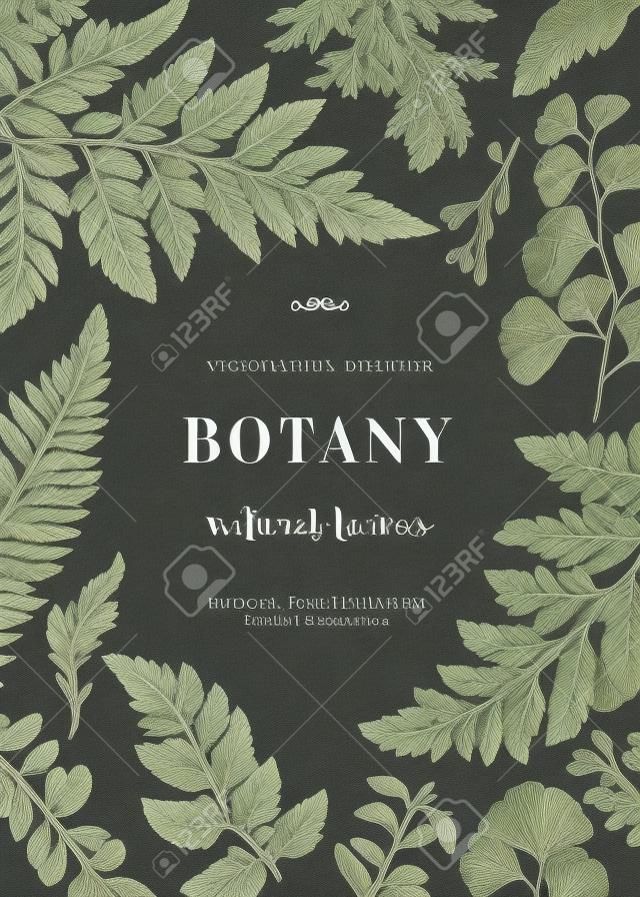 Botanische illustratie met bladeren in blauw. Boxwood, bezaaide eucalyptus, varen, maidenhair. Gravure stijl. Design elementen. Zwart en wit.