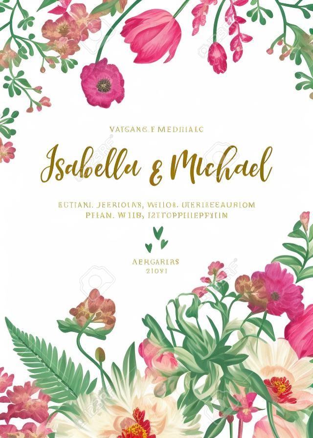 Vintage wedding invitation. Summer garden flowers. Peonies, anemones, tulips, phlox, chrysanthemum, ferns, eucalyptus seeds. Botanical illustration.