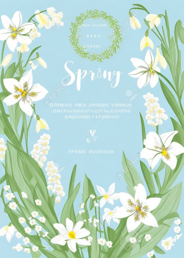 Guirnalda de flores con flores de primavera. Ilustración botánica vintage de vector. Narciso, lirio de los valles, anémona, scylla, campanilla. Azul.
