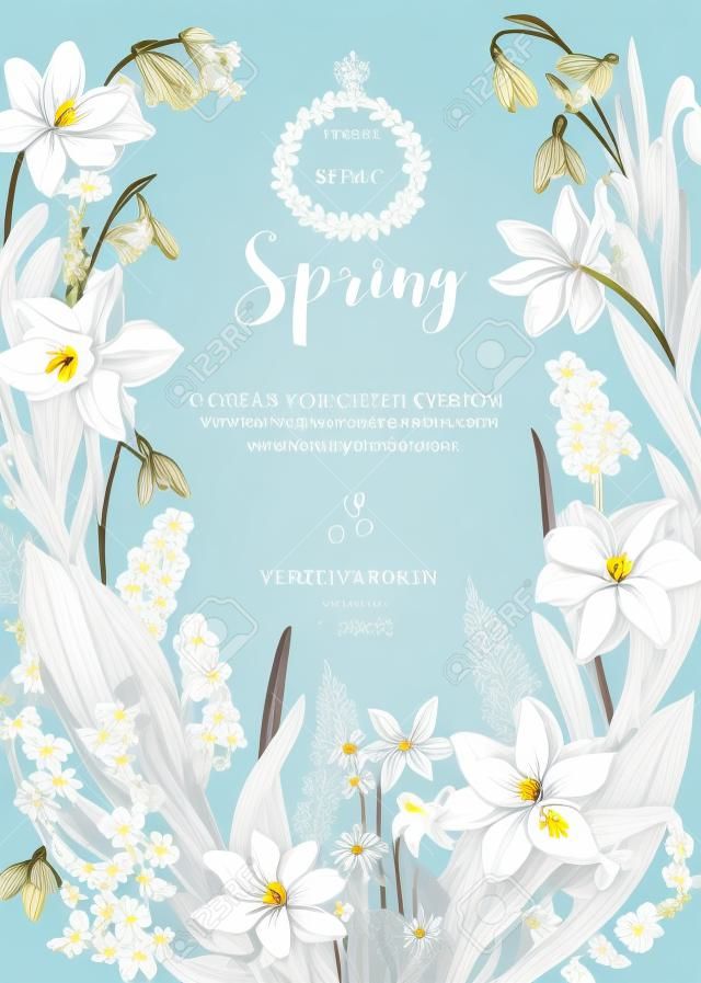 Couronne florale avec des fleurs de printemps. Illustration botanique vintage de vecteur. Narcisse, muguet, anémone, scylla, perce-neige. Bleu.