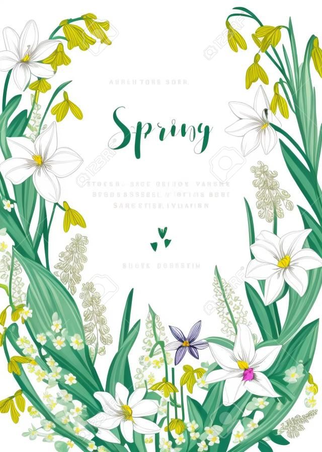 Guirnalda de flores con flores de primavera. Ilustración botánica vintage de vector. Narciso, lirio de los valles, anémona, scylla, campanilla. Azul.