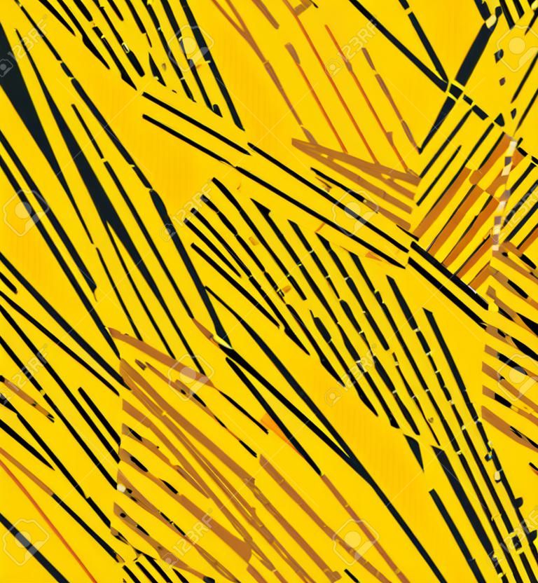 Intersecting straight line segments in yellow are a seamless pattern on a black background.