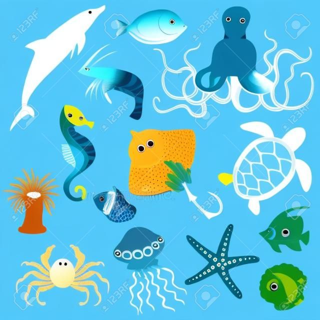 海洋動物和魚圖標 - 矢量插圖