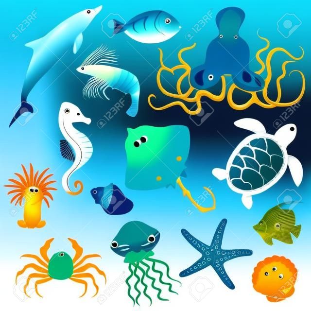 海洋動物和魚圖標 - 矢量插圖