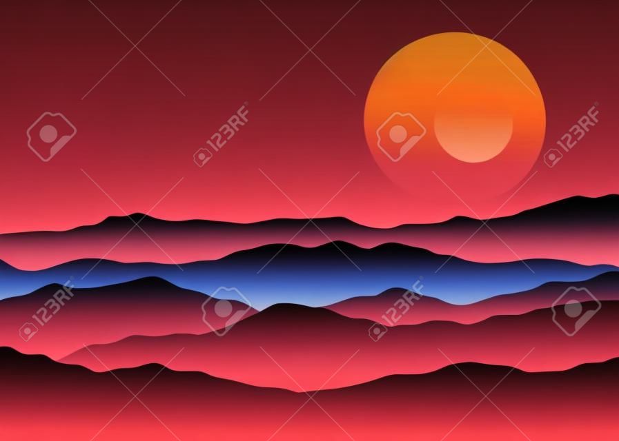 Abstract background sunset silhouette mountain scenery, twilight time, vector illustration