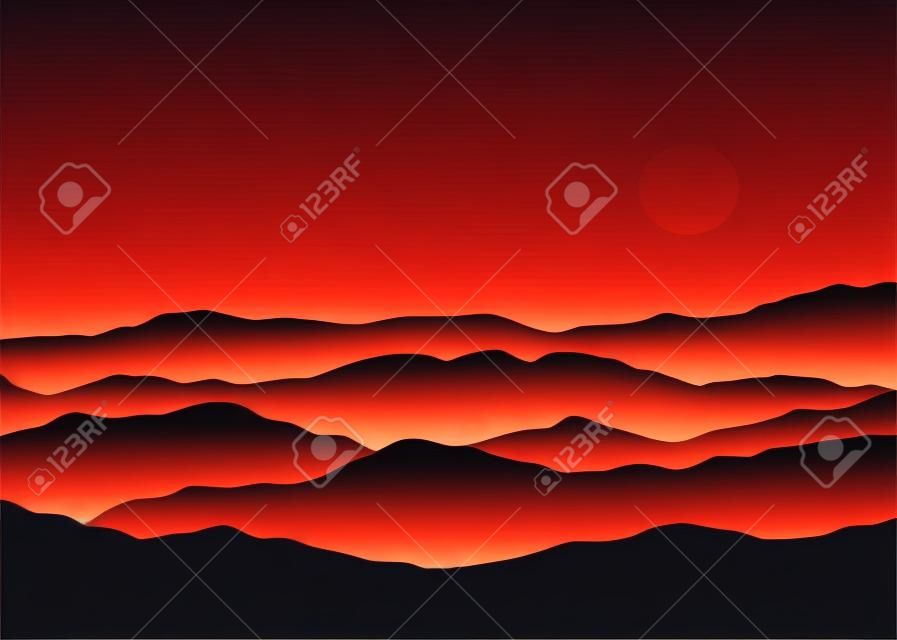 Abstract background sunset silhouette mountain scenery, twilight time, vector illustration
