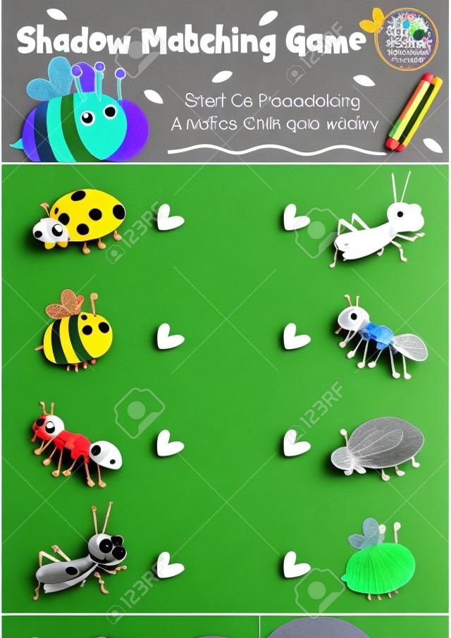 在A4豐富多彩的打印版本的bug昆蟲動物學齡前孩子的活動工作表佈局的影子配對遊戲。