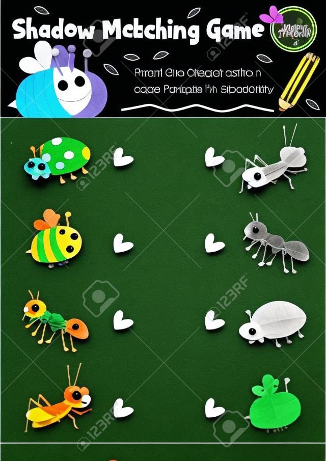 在A4豐富多彩的打印版本的bug昆蟲動物學齡前孩子的活動工作表佈局的影子配對遊戲。
