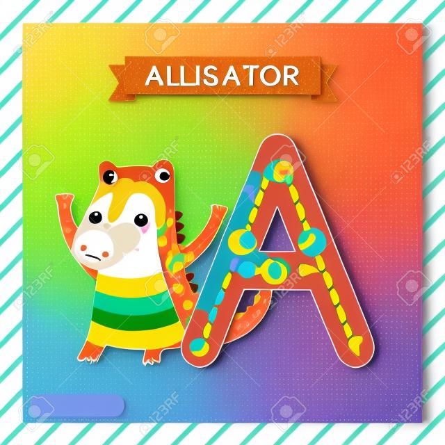 Letter A uppercase cute children colorful zoo and animals ABC alphabet tracing flashcard of Alligator for kids learning English vocabulary and handwriting vector illustration.
