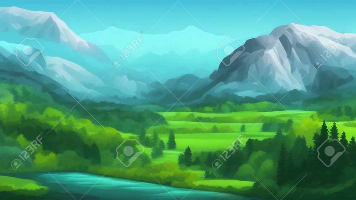 Image of mountain valley with mountains and a forest. Generative AI