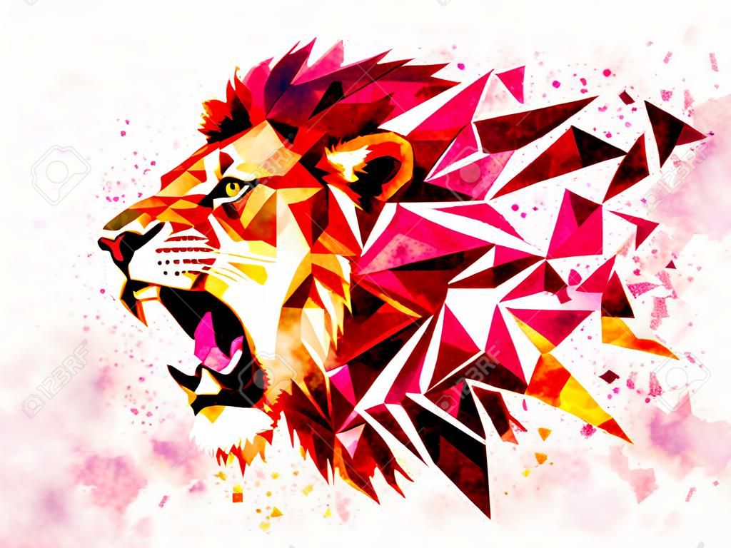 低多邊形獅子幾何圖案爆炸。水彩色濾光片。獅子的憤怒
