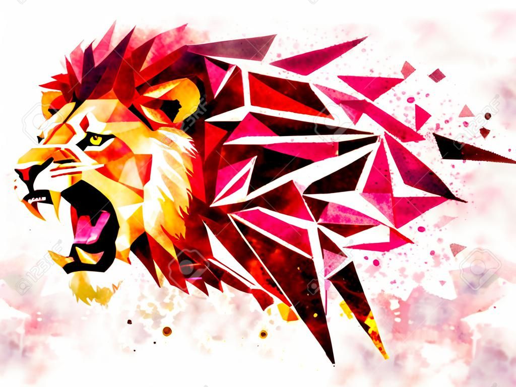 低多邊形獅子幾何圖案爆炸。水彩色濾光片。獅子的憤怒