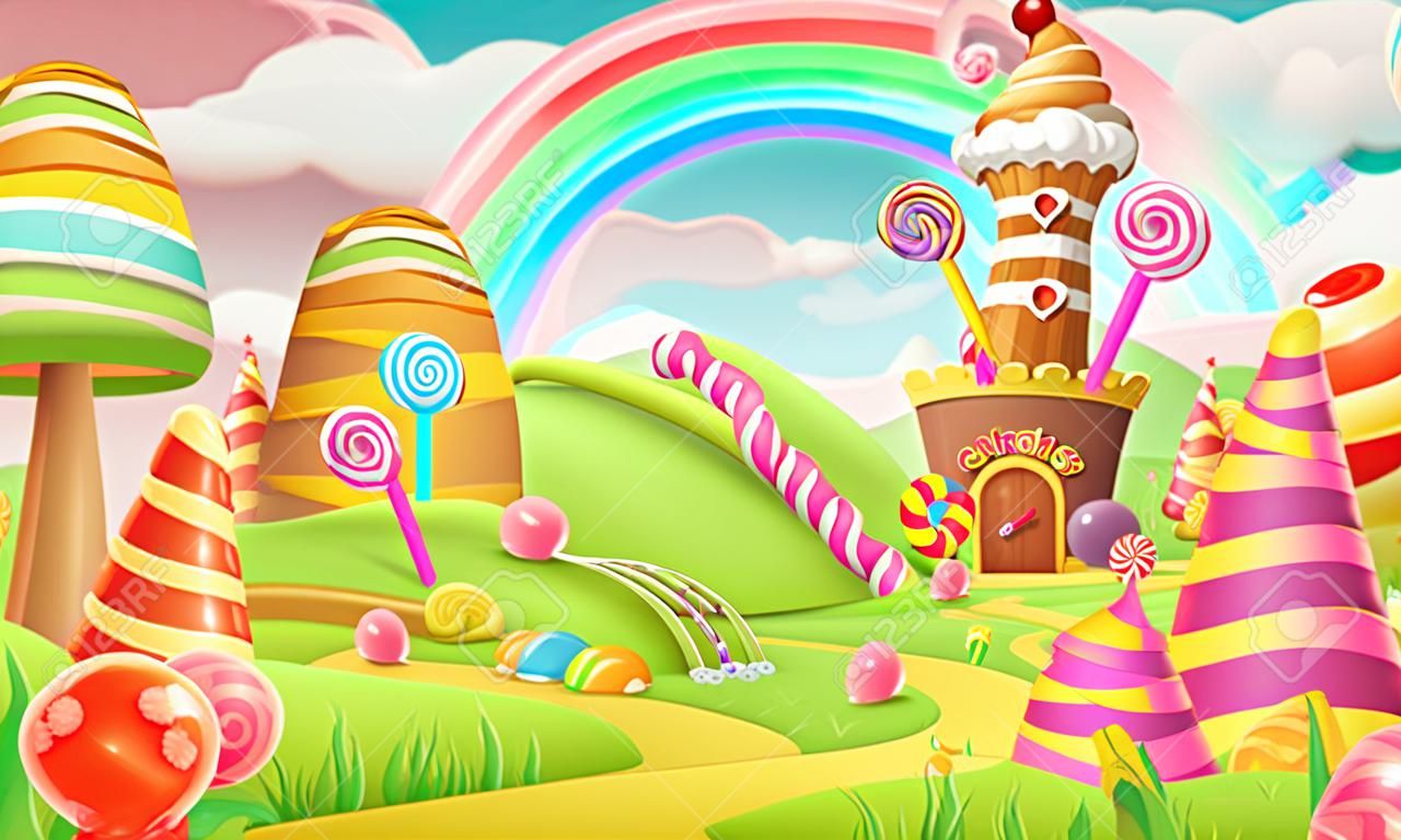 Süßes Süßigkeiten Land. Cartoon Spiel Hintergrund. 3d vektor-illustration