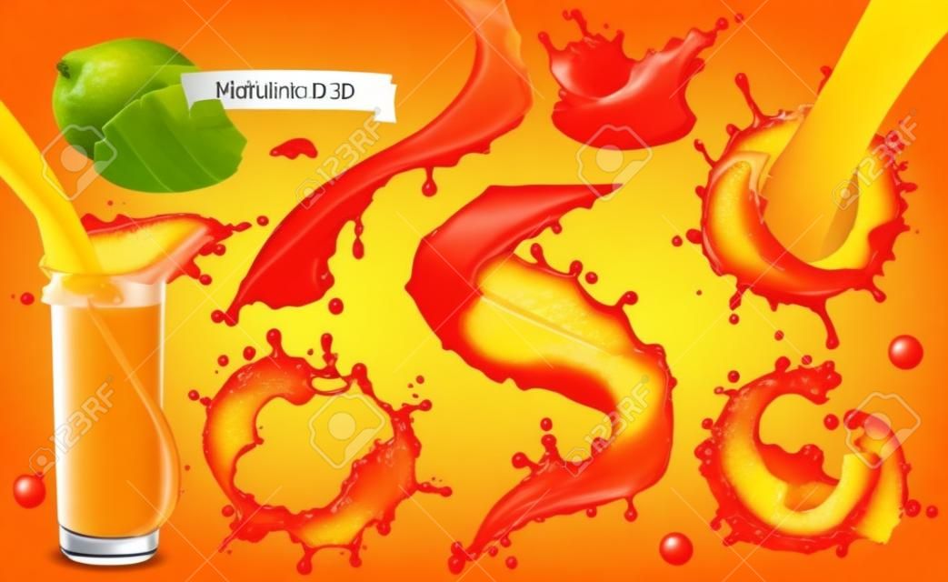 Oranje verf splash. Mango, ananas, papaya sap. 3d realistische vector pictogram set