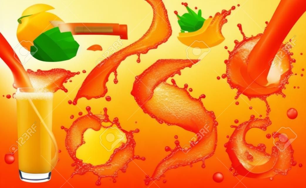 オレンジ色のペイントスプラッシュ。マンゴー、パイナップル、パパイヤジュース。3Dリアリスティックベクターアイコンセット