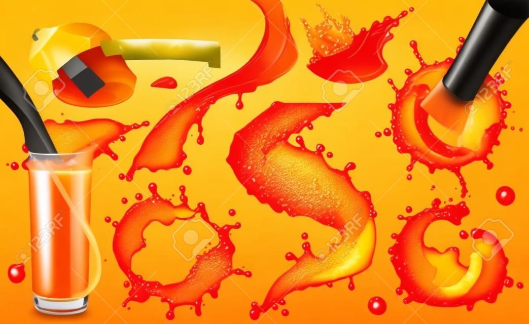 Oranje verf splash. Mango, ananas, papaya sap. 3d realistische vector pictogram set