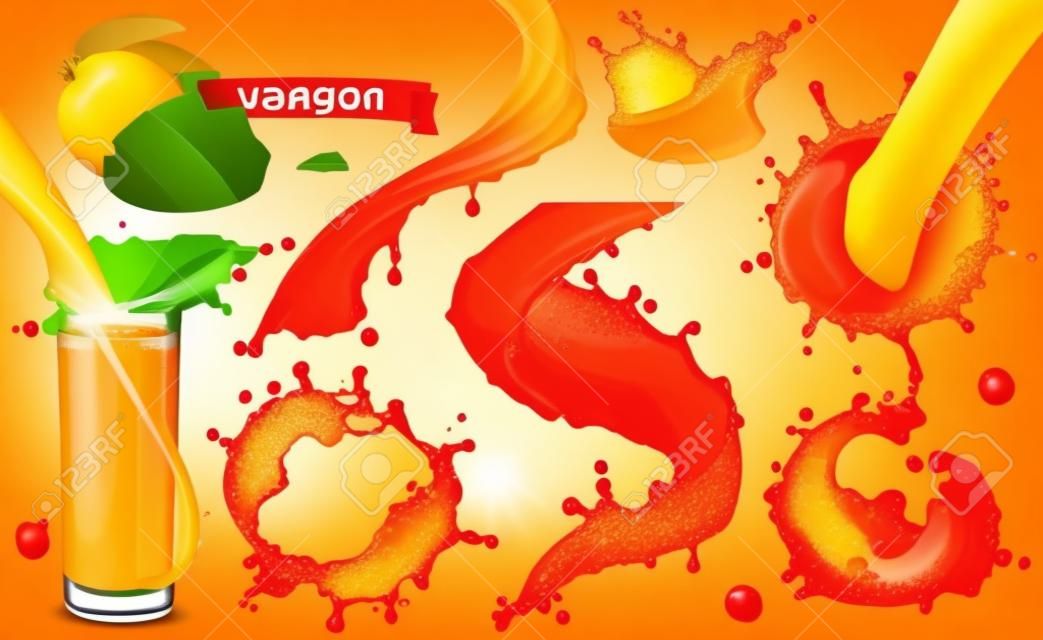 Оранжевый всплеск краски. Манго, ананас, сок папайи. 3d реалистичный векторный набор иконок