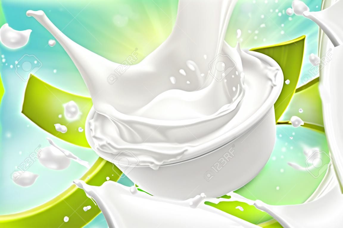 Weiße Sahnespritzer. Joghurt, Sauerrahm, Soße. 3D realistischer Vektor, Verpackungsdesign