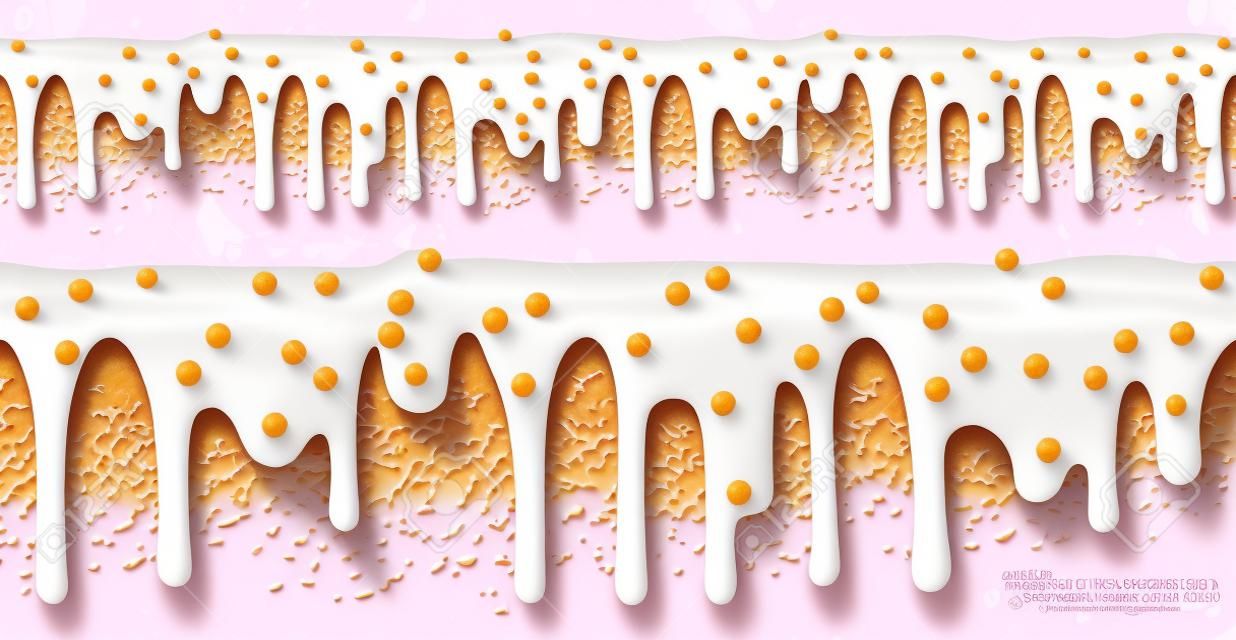 Glaze de amendoim. Creme doce. Gotejamento de derretimento. 3d realista vector padrão sem emenda