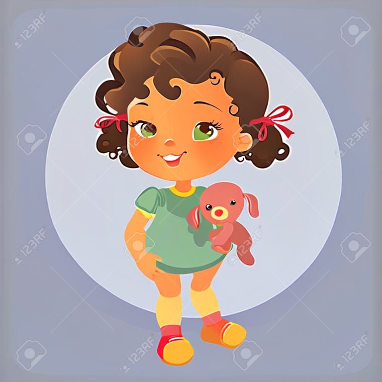 Vector portrait of cute little girl with curly brown hair wearing green dress holding teddy bear. Kid playing with toy. Happy child.