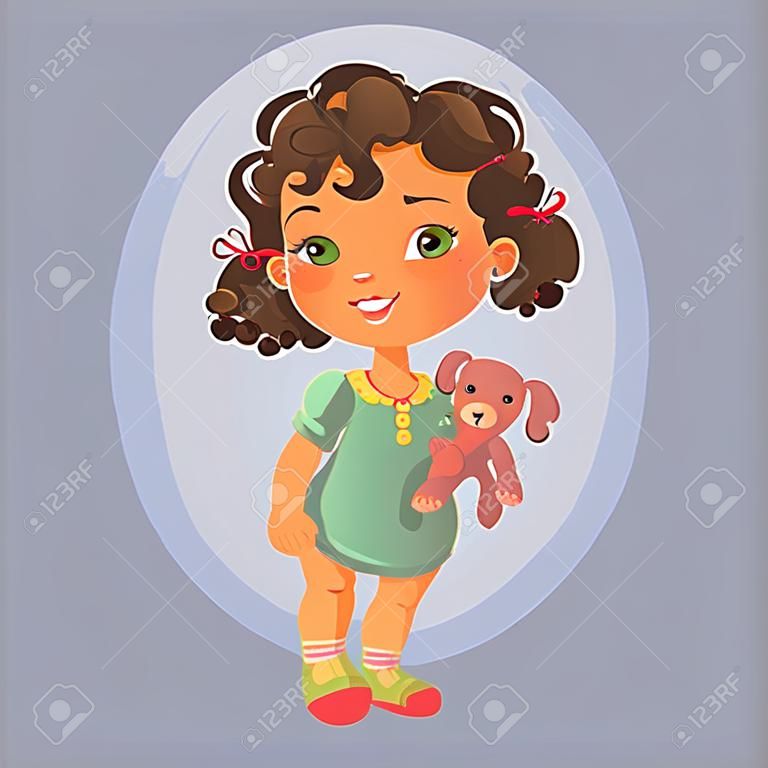 Vector portrait of cute little girl with curly brown hair wearing green dress holding teddy bear. Kid playing with toy. Happy child.